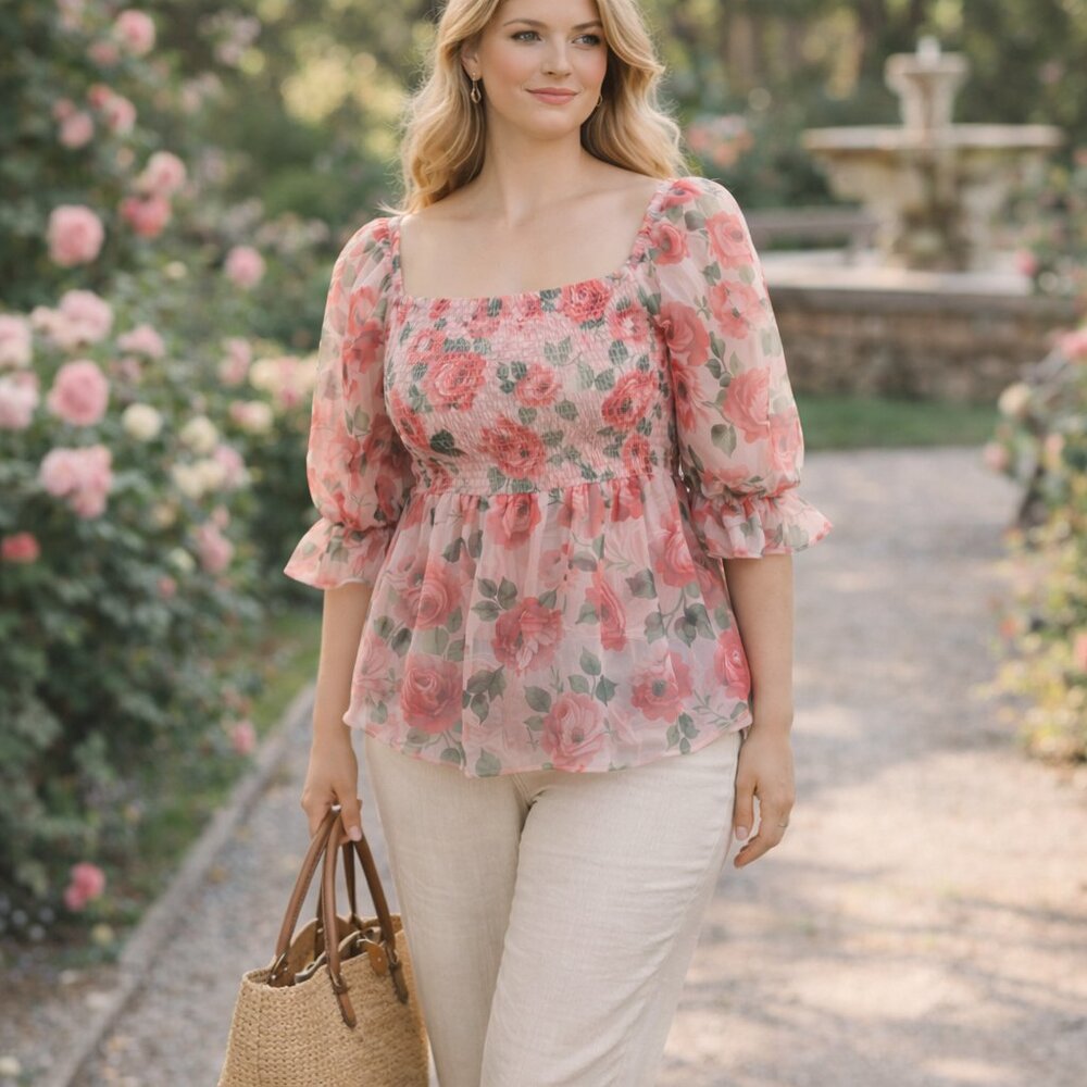 Vintage Thirty Thirty XL Sheer Floral Puff Sleeve Top • Coquette Cottagecore